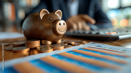 Financial planning and Secure Savings accounts: Discuss investment options. Piggy banks and coins next to stock market indicators highlight the importance of saving and investing for future security.