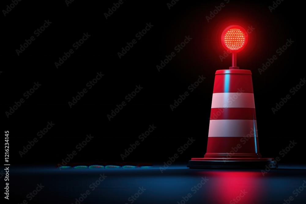 A red traffic cone with a bright warning light, set against a dark background, symbolizing caution and safety in various environments. A red traffic cone with a bright warning light, set against a dark background, symbolizing caution and safety in various environments.