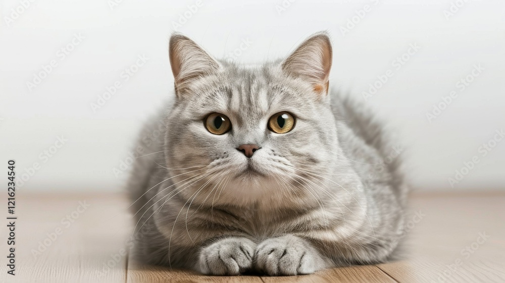 Scottish Fold: A Scottish Fold cat with folded ears, gray fur, and round amber eyes. Scottish Fold: A Scottish Fold cat with folded ears, gray fur, and round amber eyes.