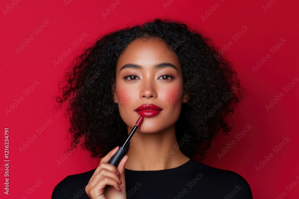 Obraz premium Beautiful woman applying red lipstick on red background
