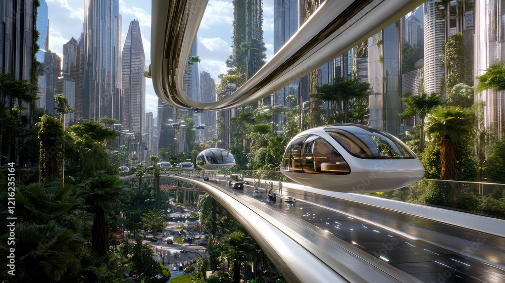 Fototapeta premium Futuristic city with flying vehicles and lush greenery, showcasing advanced technology