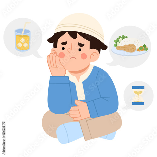 Illustration of a Muslim boy waiting for iftar time