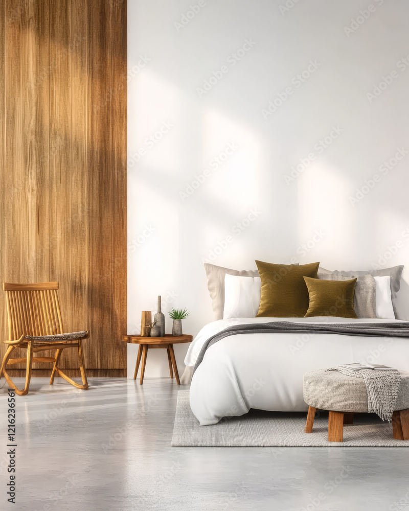 Fototapeta premium Modern bedroom design featuring neutral colors and natural materials with stylish accents