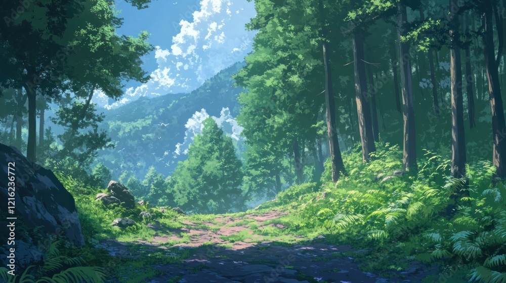 Fototapeta premium Sunlit forest path leading to mountains. Background Lush greenery, idyllic scene. Use Background, illustration