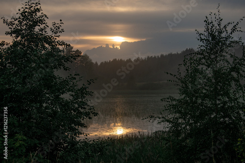 Sunset, twilight on a forest lake. Night landscape
