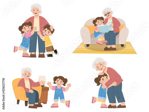 Illustration set of grandmother and grandchildren