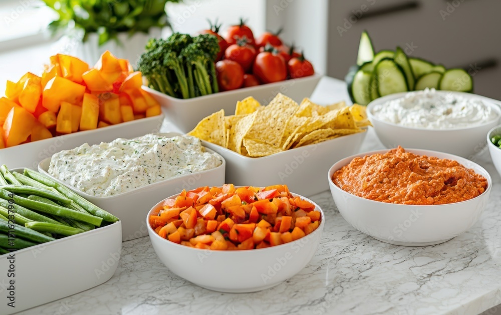 Super Bowl party spread mockup with assorted dips, tortilla chips, and fresh veggies, presented in a casual setup Super Bowl party spread mockup with assorted dips, tortilla chips, and fresh veggies, presented in a casual setup