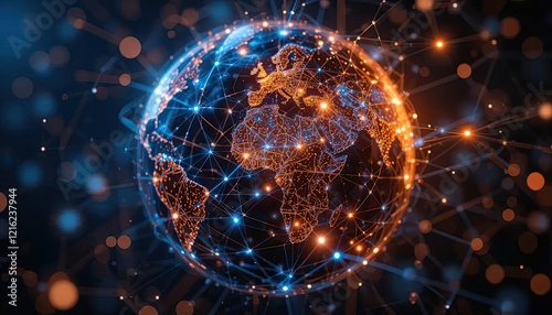 A glowing network diagram superimposed on the Earth, visualizing digital interconnectivity and the seamless flow of global information. photo