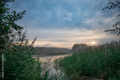 Sunset, twilight on a forest lake. Night landscape