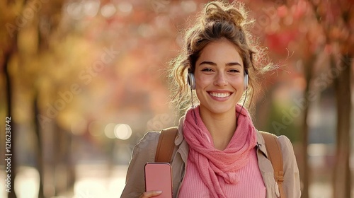 Joyful young woman enjoying music in autumn park lifestyle photography vibrant natural environment