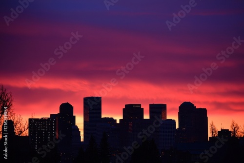 City Skyline Gradient: A cityscape at dusk with buildings in silhouette against a sky transitioning from fiery red to deep purple