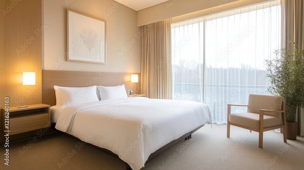 Modern Hotel Room with King Size Bed and Natural Light. Modern Hotel Room with King Size Bed and Natural Light.