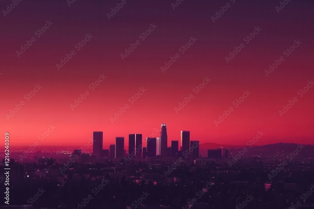 Fototapeta premium City Skyline Gradient: A cityscape at dusk with buildings in silhouette against a sky transitioning from fiery red to deep purple