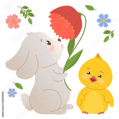 Illustration with curious gray rabbit sniffing tulip flower and funny yellow chick. Vector illustration for poster, greeting card or invitation, labels or tags