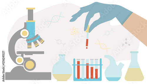 Nurse's hand in a glove holds a pipette with blood. Illustration of medical laboratories, conducting tests. Ideal for medical, information catalogs and institutional materials.