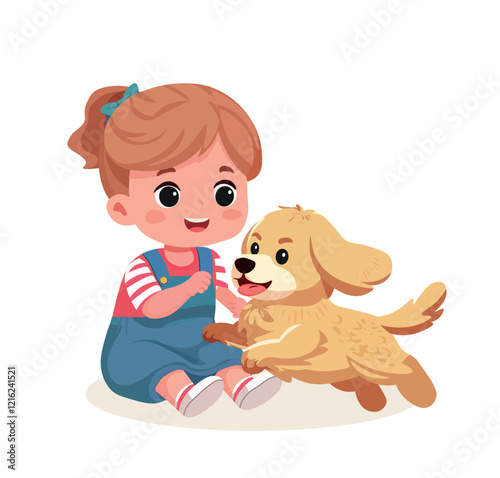 happy cute little girl kid play with dog	