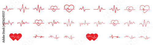 Red heartbeat line collection with heart symbol, cardiology, medical pulse, ECG, EKG design, healthcare clipart vector illustration, health monitoring, digital heartbeat graphics 