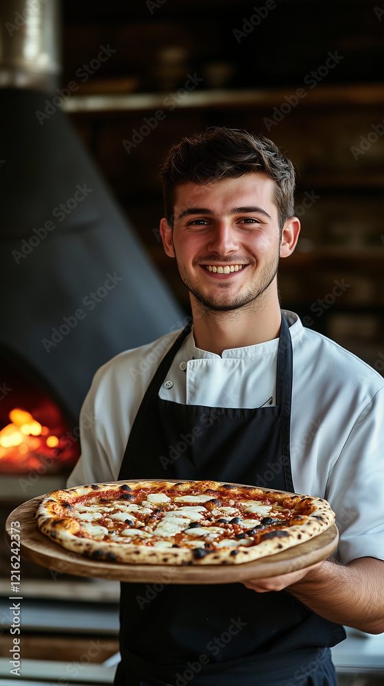 Young chef proudly displaying a freshly baked wood-fired pizza Young chef proudly displaying a freshly baked wood-fired pizza