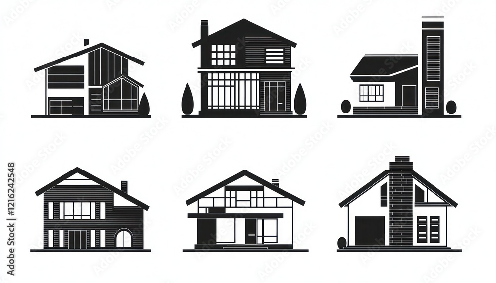 Unique monochrome house icons representing diverse architectural styles Unique monochrome house icons representing diverse architectural styles