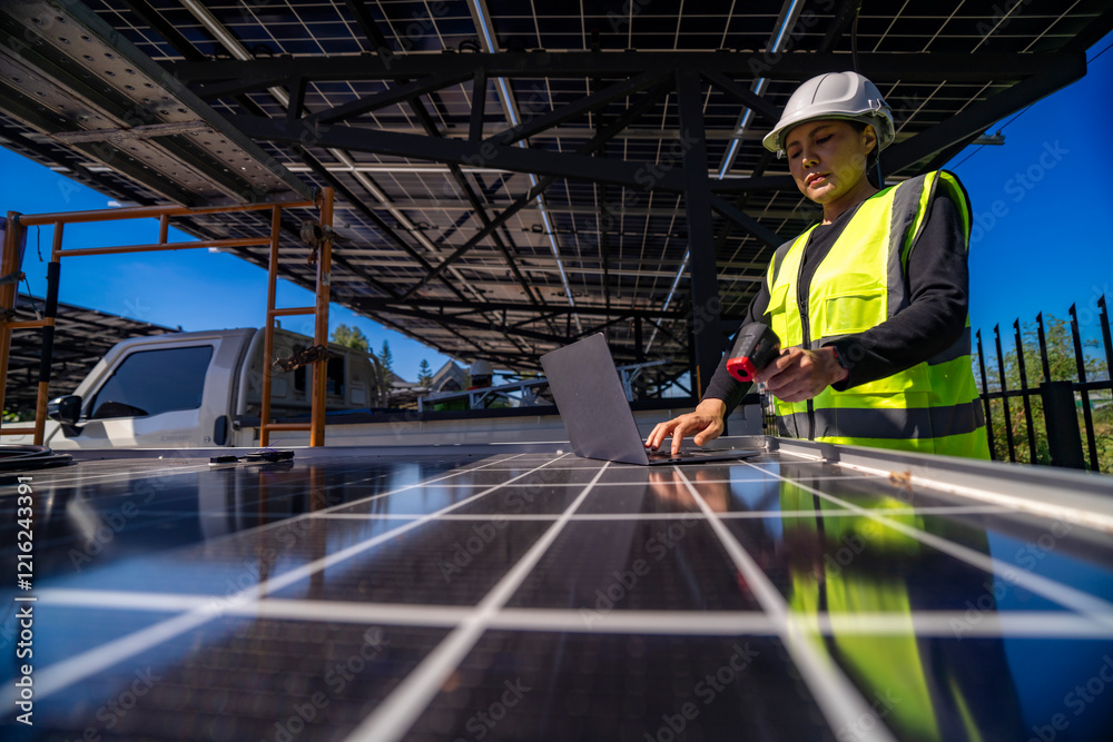Fototapeta premium Engineer in safety vest and helmet pointing towards a solar powered carport, illustrating eco-friendly innovation in parking infrastructure. Solar panels provide shade and sustainable energy.