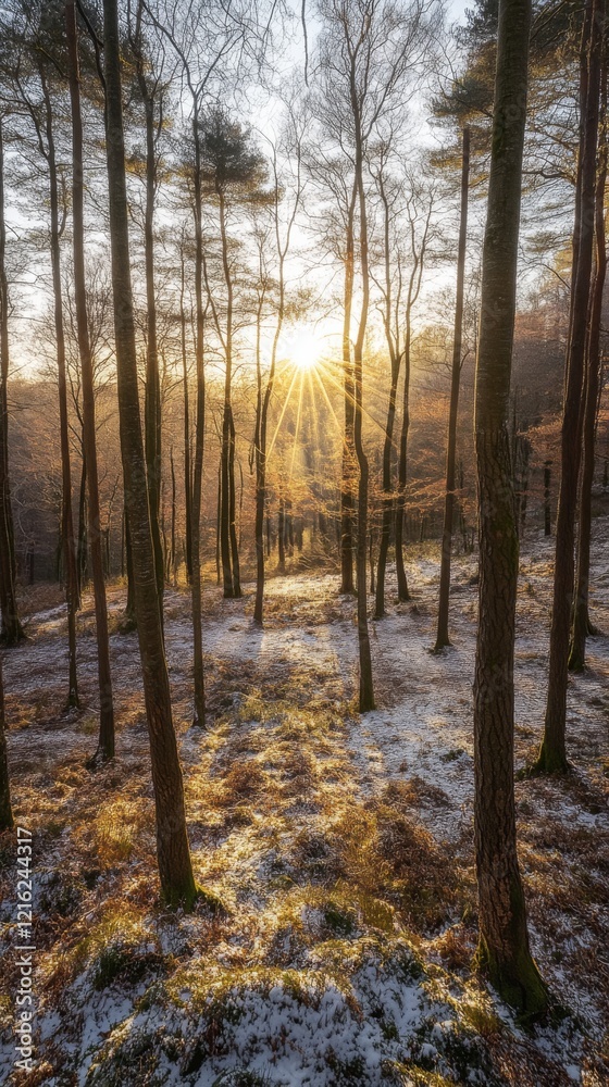 A serene winter forest at sunrise. The sunlight pierces through the tall trees illuminating a calm scene of nature. A perfect moment for reflection and tranquility. Generative AI. A serene winter forest at sunrise. The sunlight pierces through the tall trees illuminating a calm scene of nature. A perfect moment for reflection and tranquility. Generative AI.