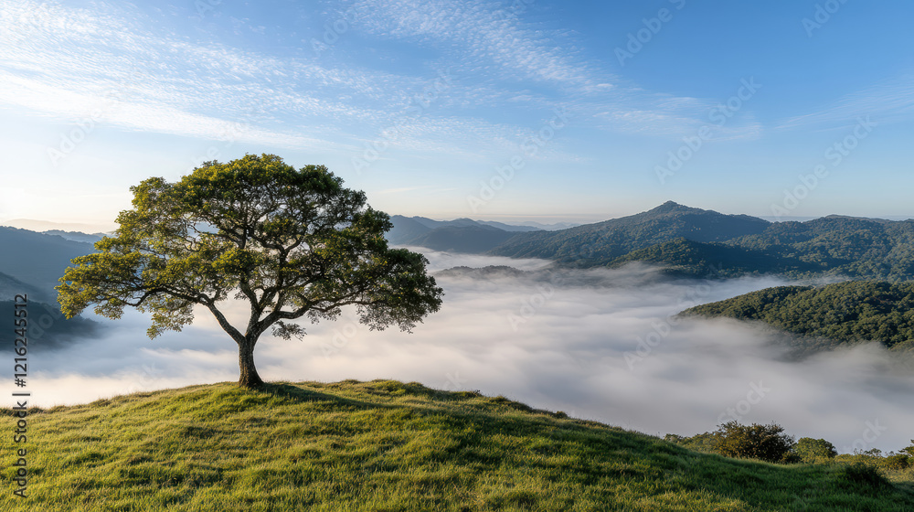 misty valley with lone tree standing against serene landscape misty valley with lone tree standing against serene landscape