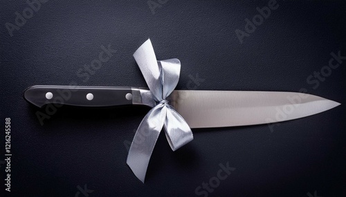Large kitchen knife with silver ribbon bow on dark background