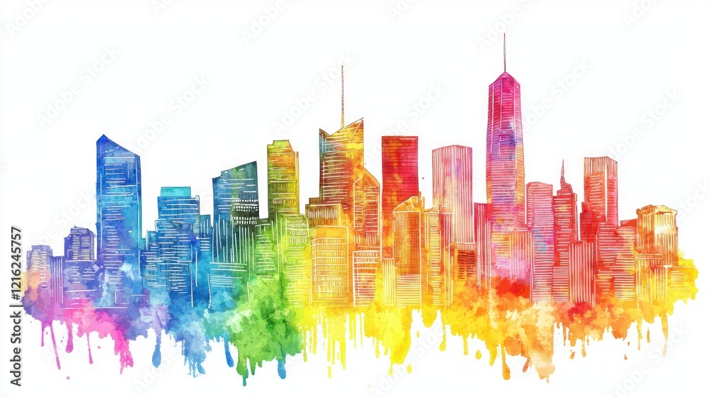Obraz premium A colorful hand-drawn illustration of a city skyline.