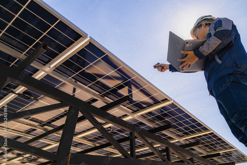 Naklejka premium Engineer in safety vest and helmet pointing towards a solar powered carport, illustrating eco-friendly innovation in parking infrastructure. Solar panels provide shade and sustainable energy.
