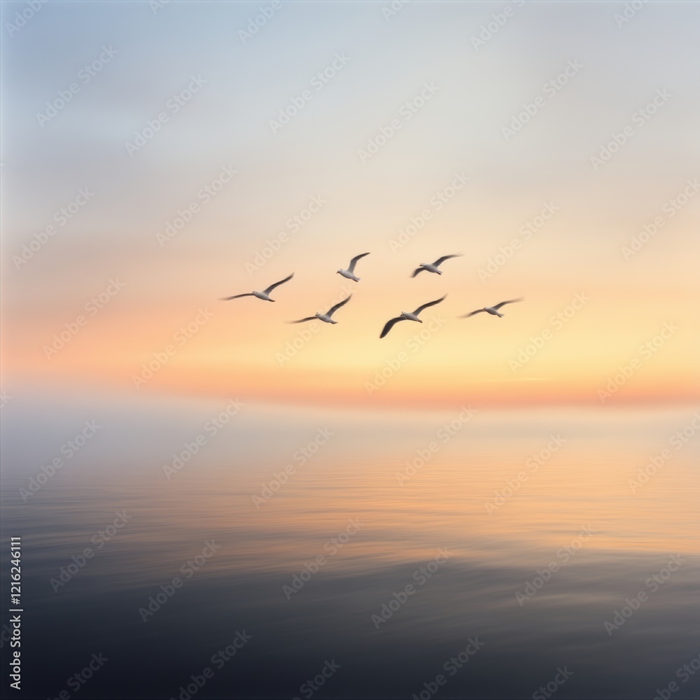Fototapeta premium Birds Flying Over Calm Ocean at Sunset