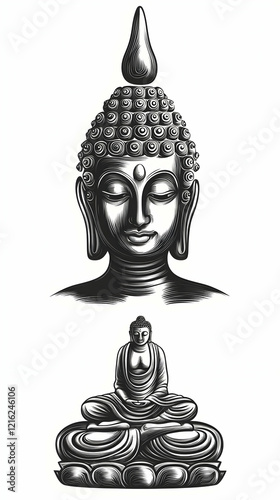 Serene Buddha Illustration: Head and Meditating Figure on Lotus Pedestal, Embracing Peace and Wisdom. photo