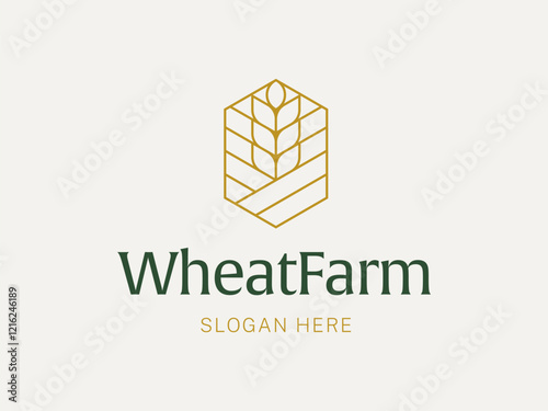 Wheat Farm Logo. Grain and Field in Hexagonal Shape Vector Template with Monoline Design Style