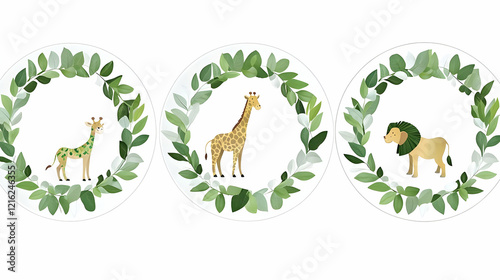 Three Circular Frames with Safari Animals Surrounded by Green Leaves