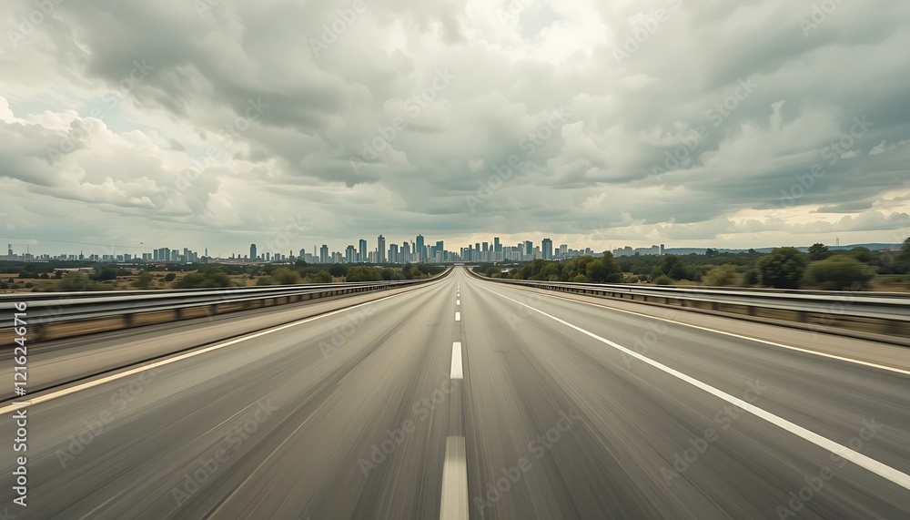 Fototapeta premium High-speed driving on a highway towards a distant city skyline under a dramatic cloudy sky