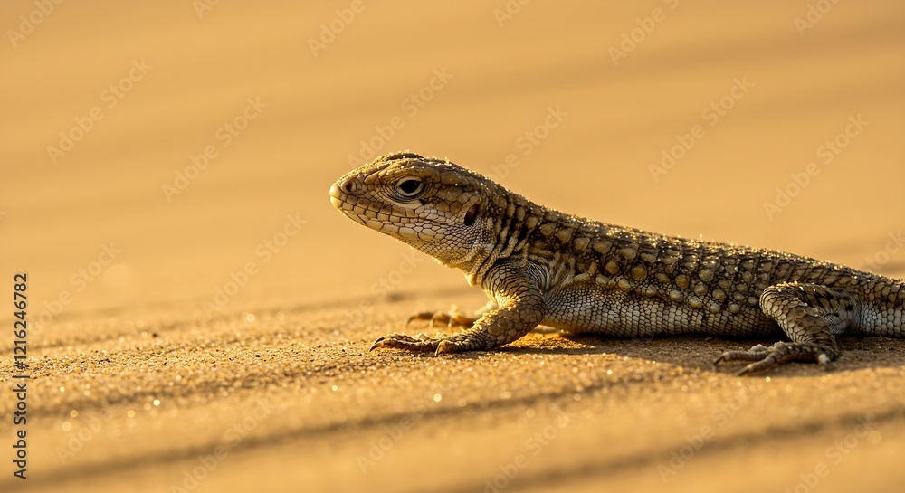 Naklejka premium A close-up of a sand lizard basking in the sun on a golden sand dune.