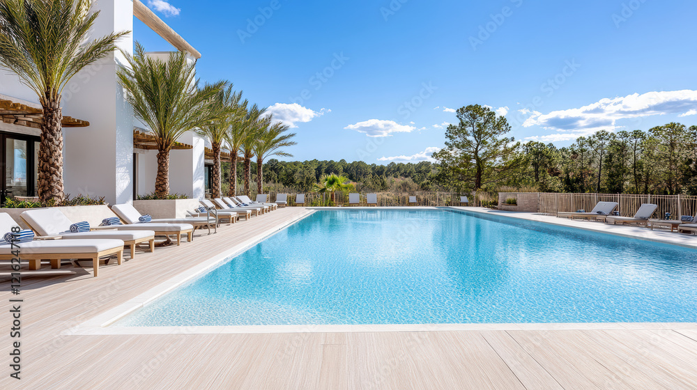 serene poolside view with palm trees and lounge chairs under clear sky serene poolside view with palm trees and lounge chairs under clear sky