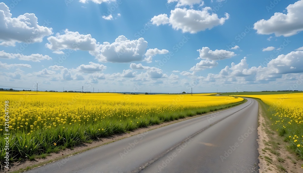 Scenic Country Road Winding Through a Vibrant Yellow Rapeseed Field Under a Sunny Sky with Fluffy White Clouds Scenic Country Road Winding Through a Vibrant Yellow Rapeseed Field Under a Sunny Sky with Fluffy White Clouds