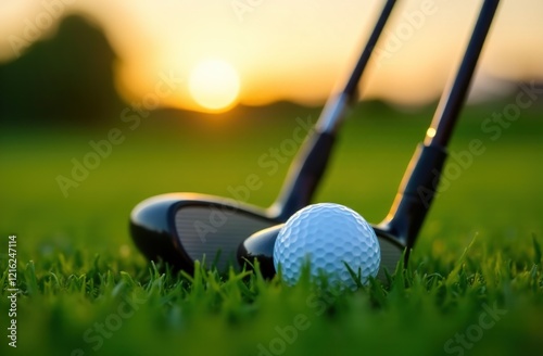 Close-up of two golf clubs and a golf ball on a background of green grass against a sunset. photo