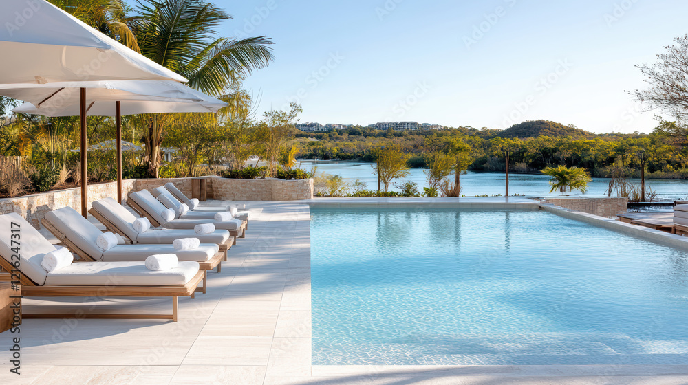 Fototapeta premium scenic view of pool with beach chairs and umbrella, perfect for relaxation