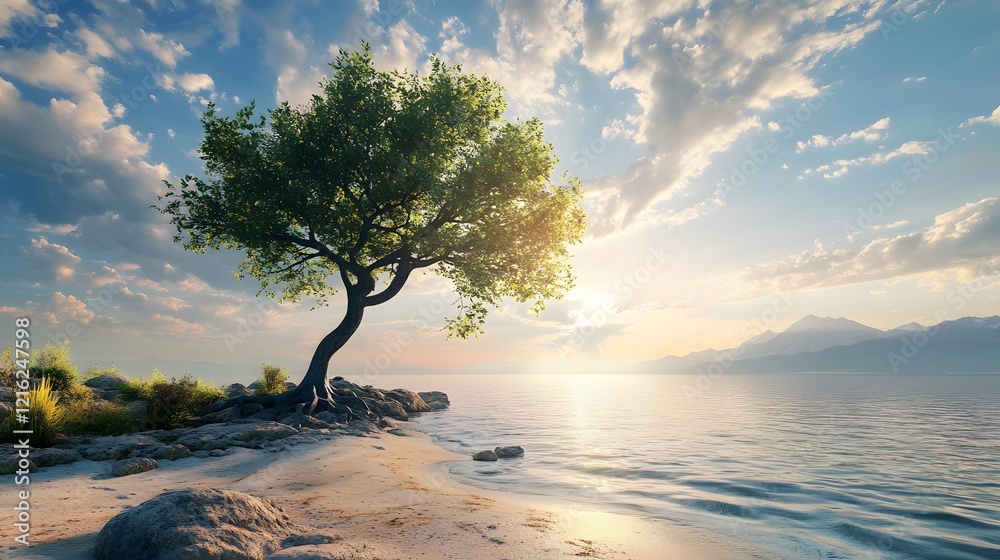 Tranquil beach at sunset with a solitary tree and vibrant clouds above