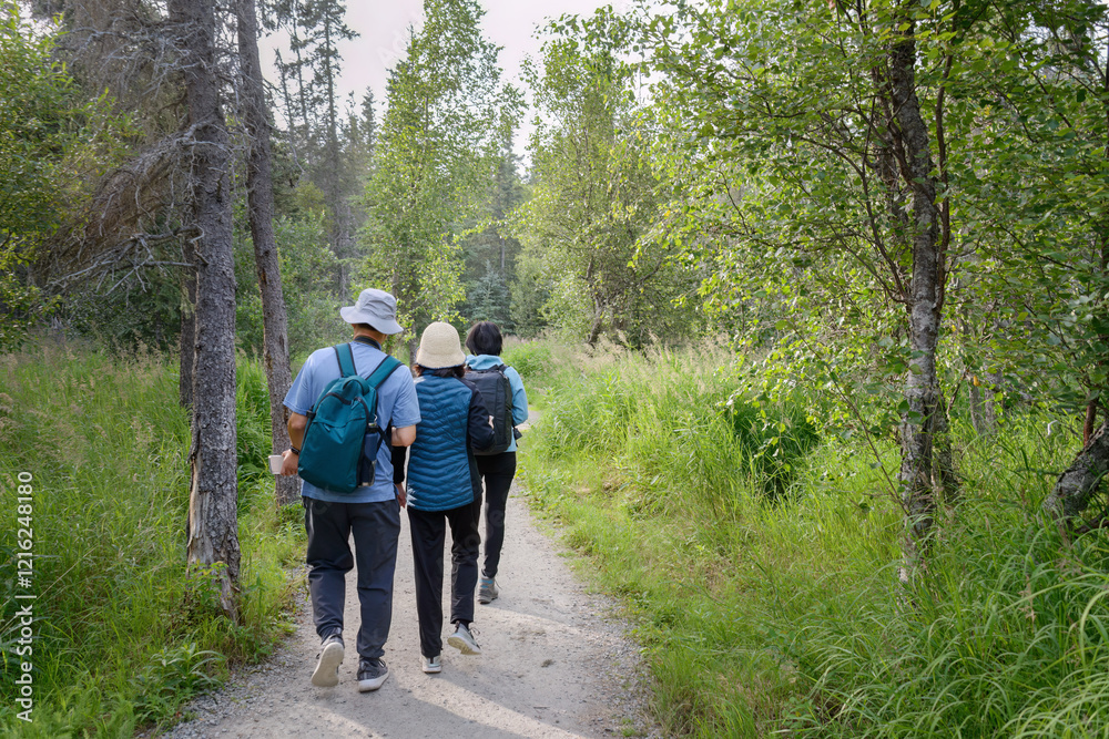 Three tourists walking on the trail towards the bear viewing platform. This section of open trail is shared with bears. Brooks Falls. Katmai National Park. Alaska. Three tourists walking on the trail towards the bear viewing platform. This section of open trail is shared with bears. Brooks Falls. Katmai National Park. Alaska.