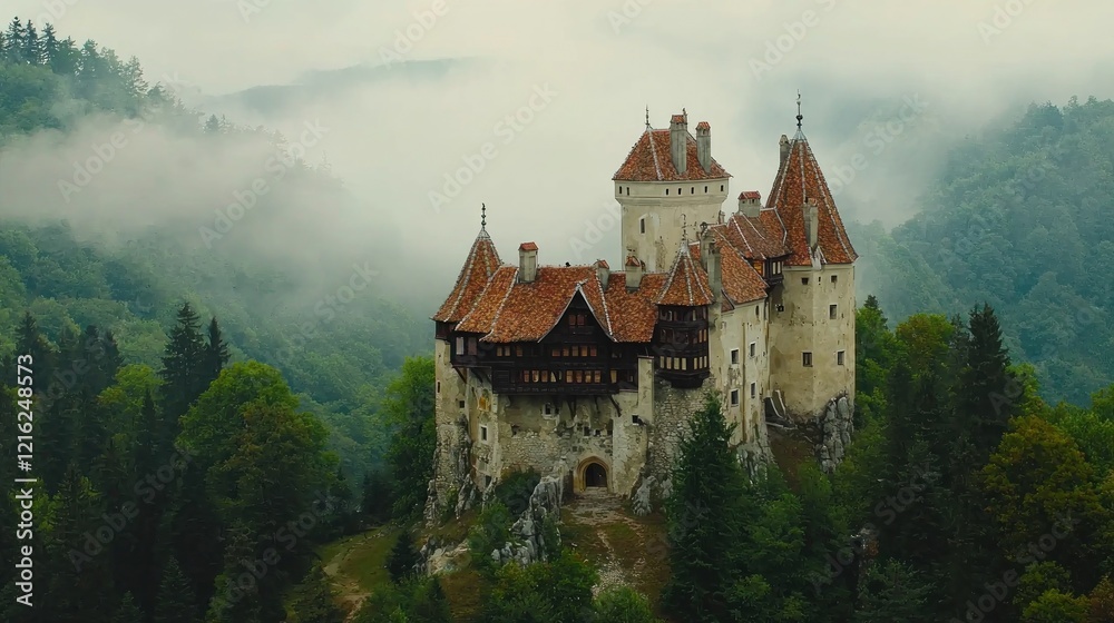 Misty Mountaintop Castle, Romania, Dramatic Landscape, Fantasy Setting Misty Mountaintop Castle, Romania, Dramatic Landscape, Fantasy Setting