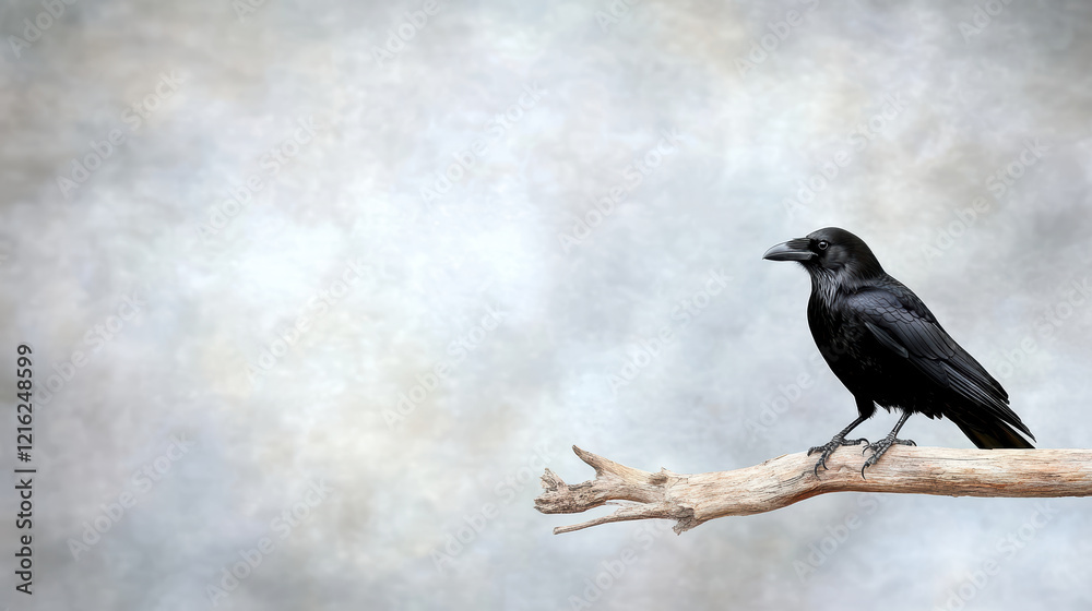 Fototapeta premium sinister looking crow perched on twisted branch against muted background