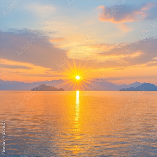 Serene Sunrise over Calm Ocean with Islands