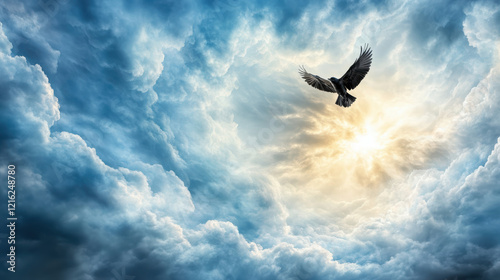 Fototapeta Naklejka Na Ścianę i Meble -  raven soaring through dramatic clouds with sunlight breaking through