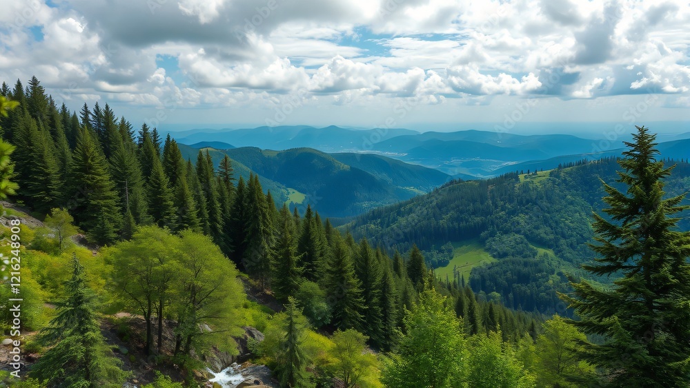 Fototapeta premium Majestic Mountain Range with Lush Evergreen Forest and Sky