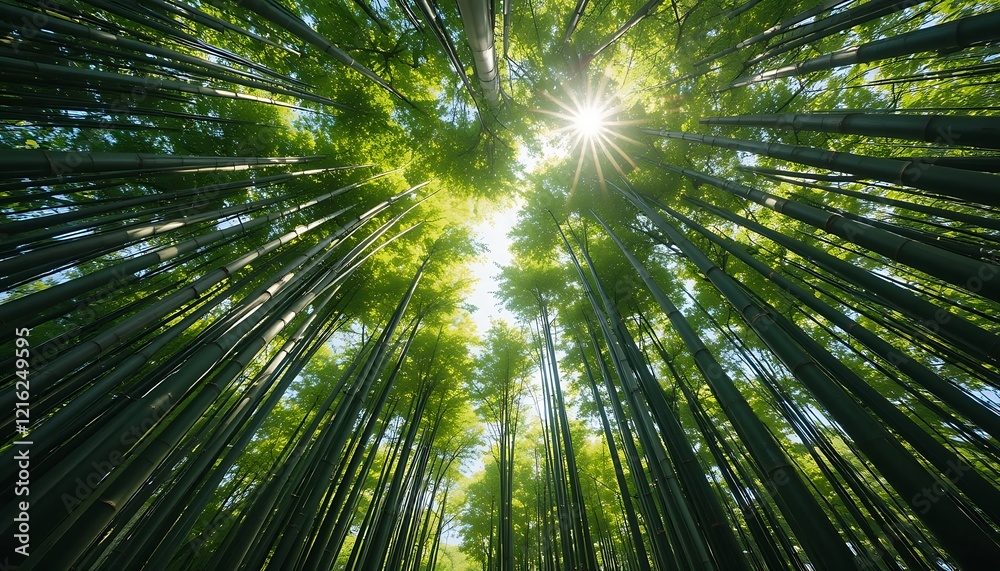 Stunning low angle view of a dense bamboo forest with sunlight streaming through the tall green stalks in Arashiyama, Kyoto, Japan Stunning low angle view of a dense bamboo forest with sunlight streaming through the tall green stalks in Arashiyama, Kyoto, Japan