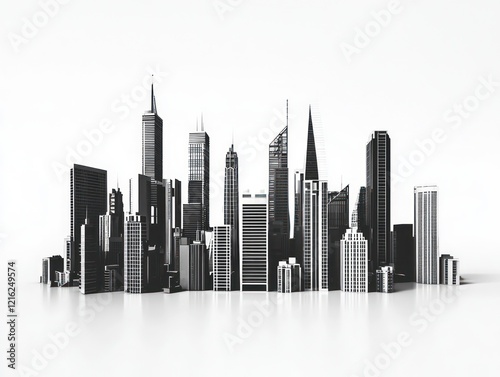 Black and white skyline a large city with minimalist, modern structures