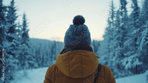 Woman in winter hat and coat, snowy landscape. Perfect for travel, winter, or adventure themes.