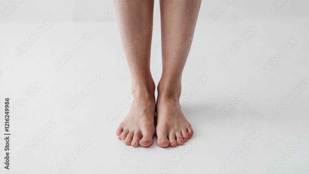 A full-length view of a woman standing barefoot on a white surface, her feet slightly apart in a natural and balanced pose A full-length view of a woman standing barefoot on a white surface, her feet slightly apart in a natural and balanced pose